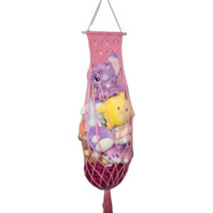 Stuffed Animal Hammock Wall Hanging Net Toy Organizer for Boho Kid room Pink